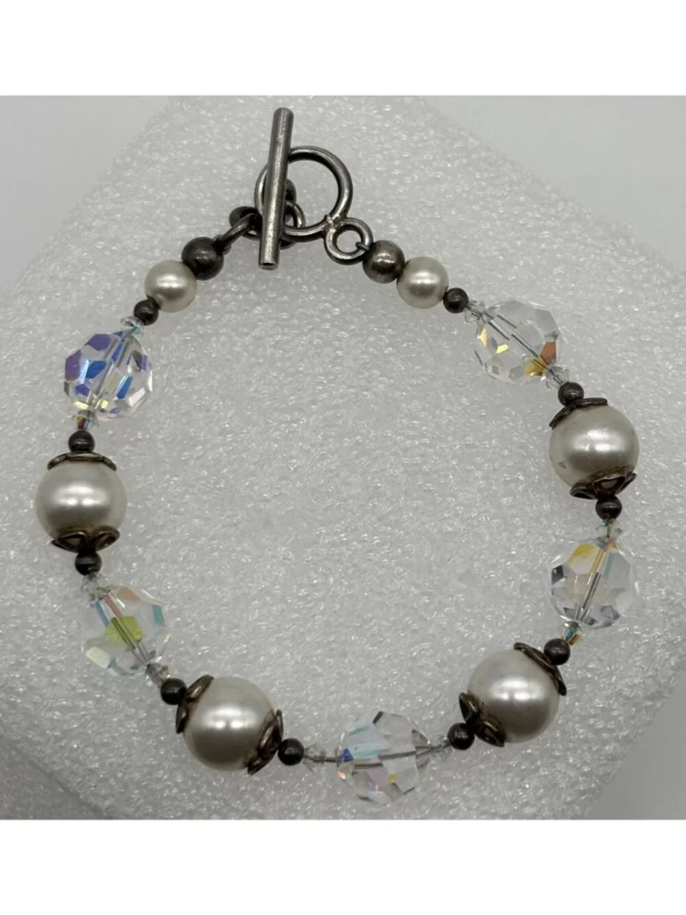 Artisan Made Bracelet With Faceted AB Crystals Faux Pearls Sterling Toggle Clasp